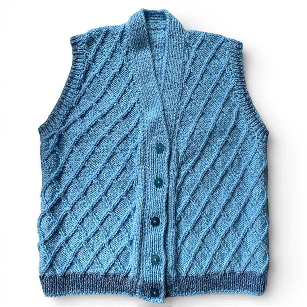 Hand Knit Baby Blue Button-Up V-Neck Sweater Vest